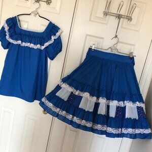 VTG Square Dance Full Skirt Blouse Set Women's M Blue Patchwork Ruffle Lace